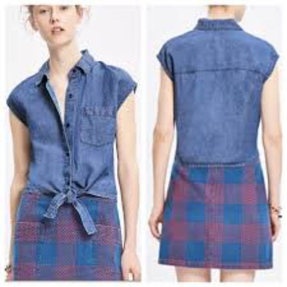 Madewell Blue Denim Sleeveless Tie-Front Top Linen Cotton Blend Size XS
